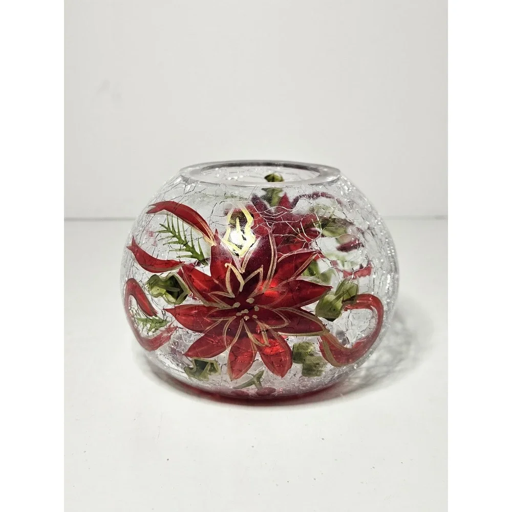 Crystal Clear Christmas Poinsettia Hand Painted Crackle Glass Votive Holder Vtg
